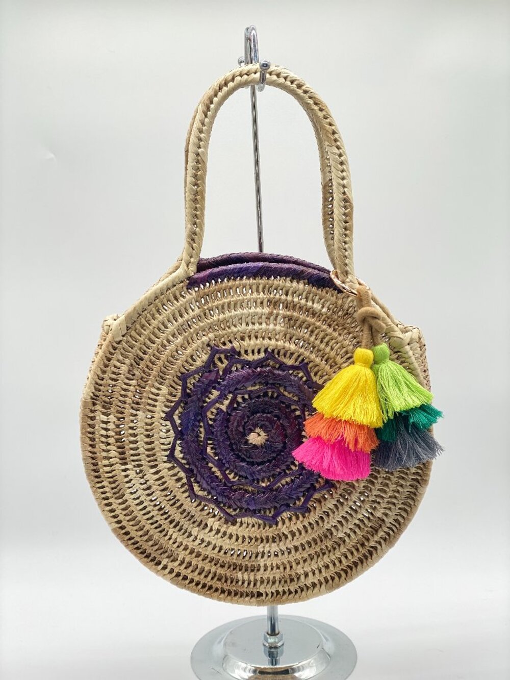 Handwoven Round Straw Tote Bag Purple Floral Boho Beach Market Basket